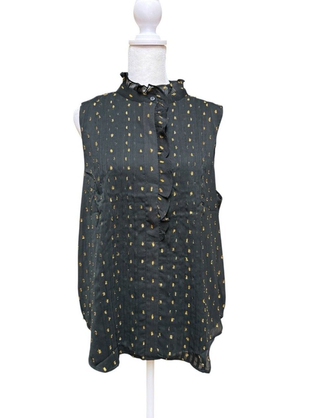 Ann Taylor Blouse Large Black Gold Clip Dot Ruffle Neck Sleeveless Top